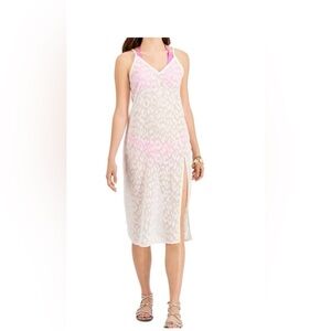 Miken white and gold accented leopard sheer cover up split midi length
